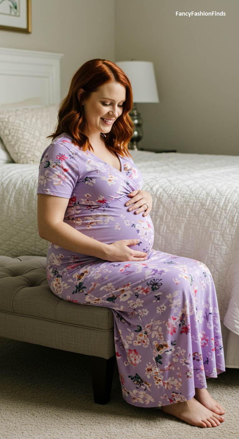 Pregnant woman in a lavender floral maternity dress