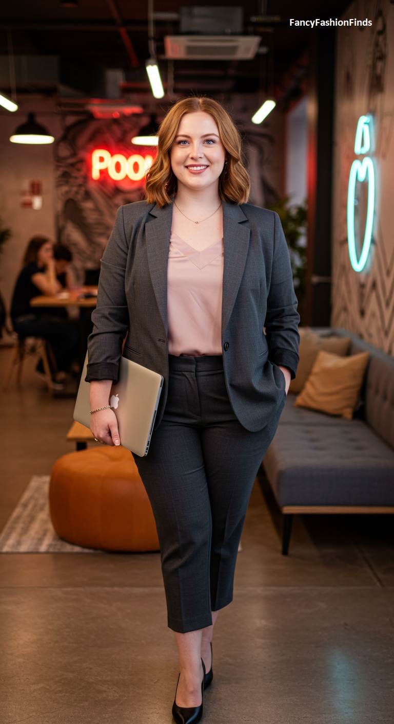 Woman in a charcoal grey suit with a pink top