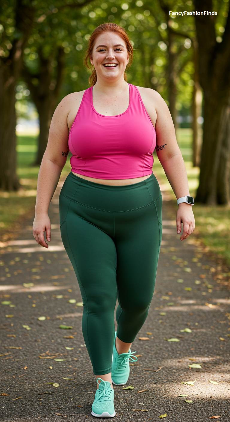 Woman walking in a park wearing a pink top and green leggings