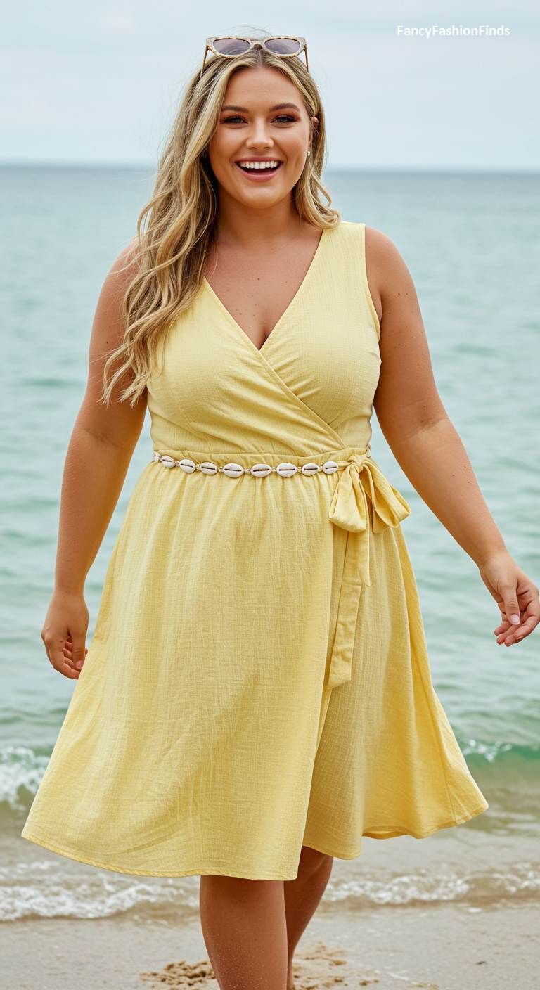 Woman at the beach in a yellow wrap dress with a shell belt