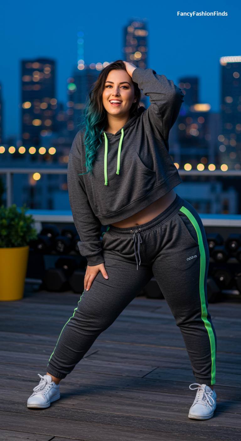 Woman in a grey and neon green tracksuit
