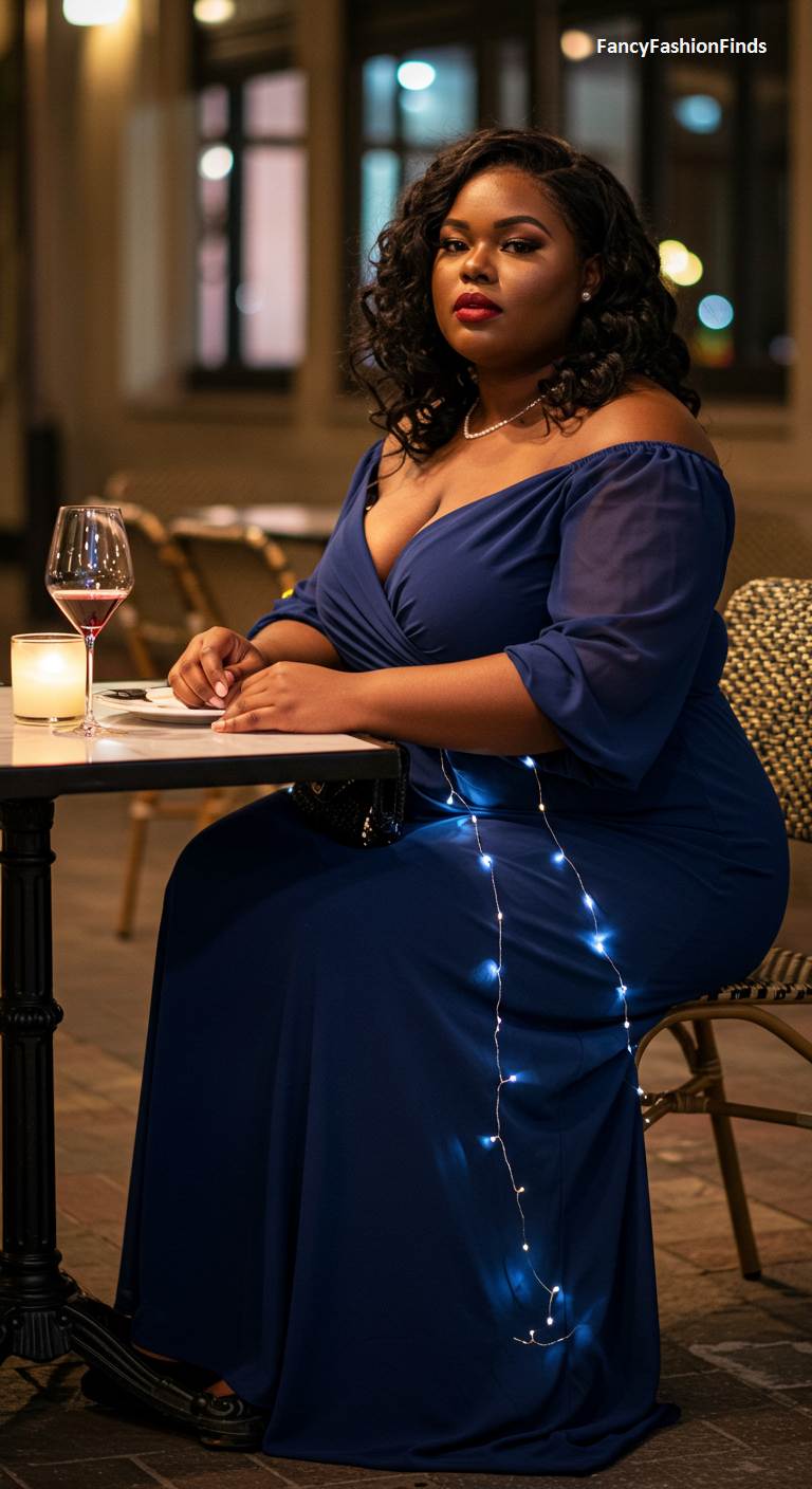 Woman at an outdoor table in a blue off-the-shoulder gown