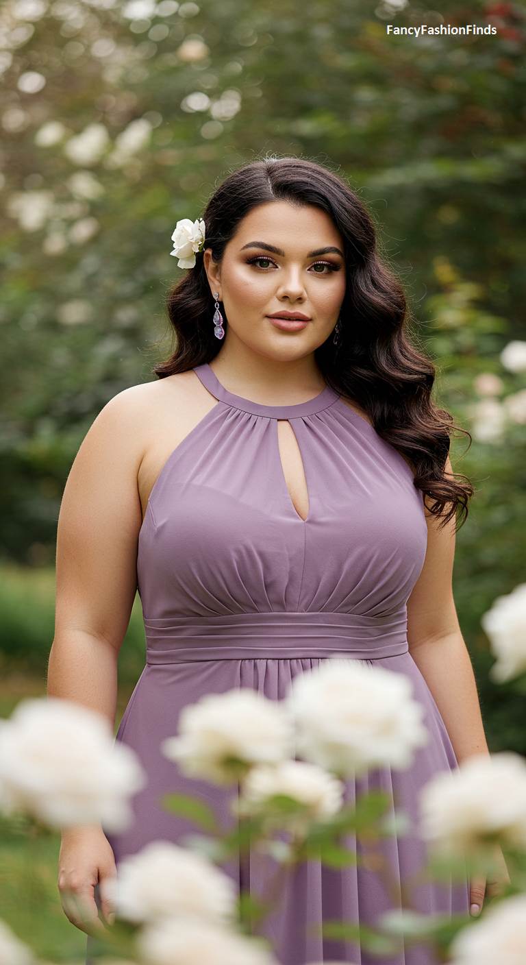 Woman in a garden wearing a lavender halter neck formal dress