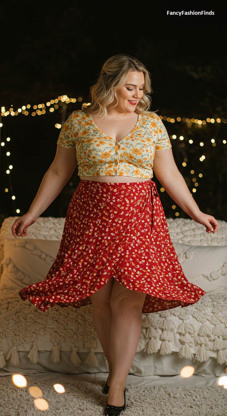 Woman in a floral crop top and a red floral wrap skirt