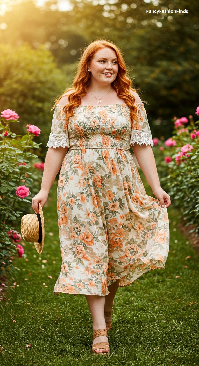 Woman in a garden wearing an off-the-shoulder floral maxi dress