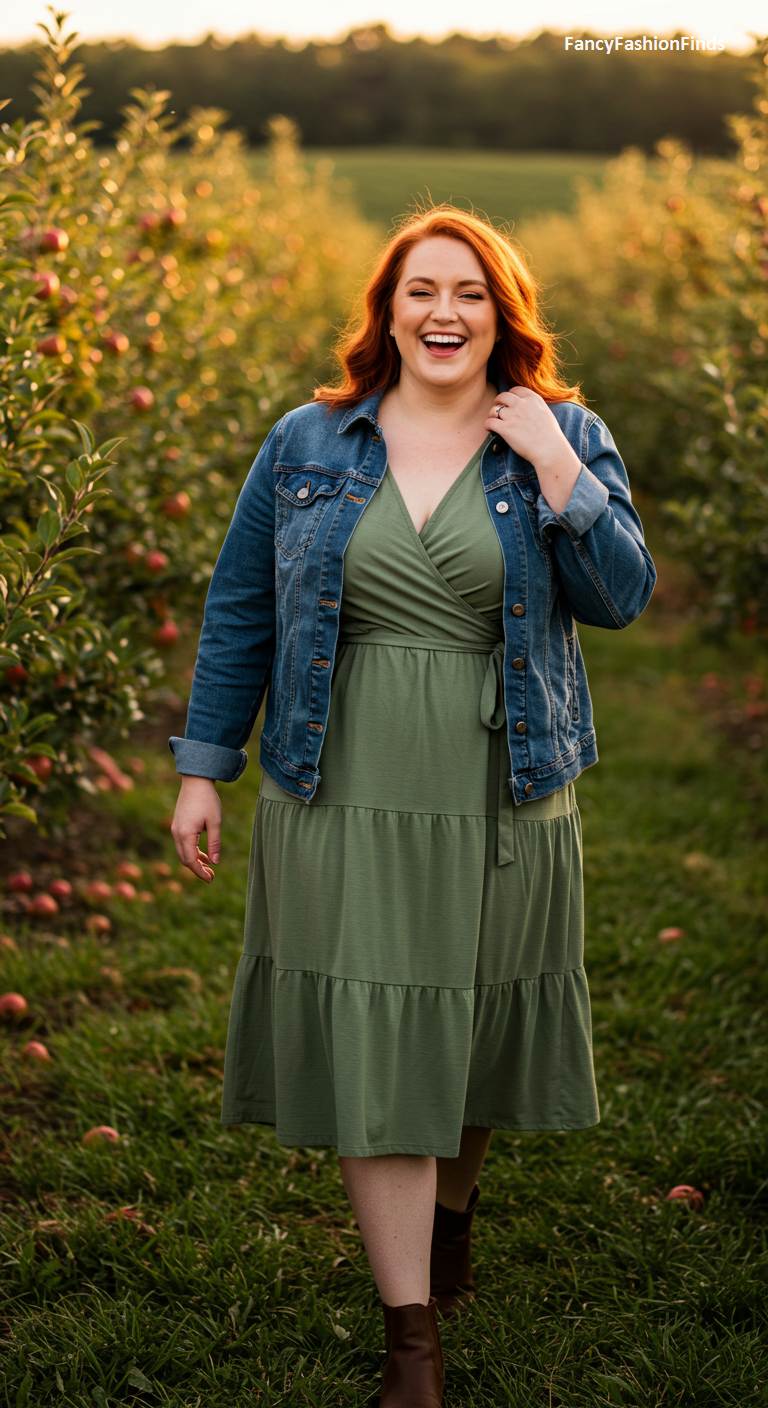 Woman in a tiered green dress and a denim jacket