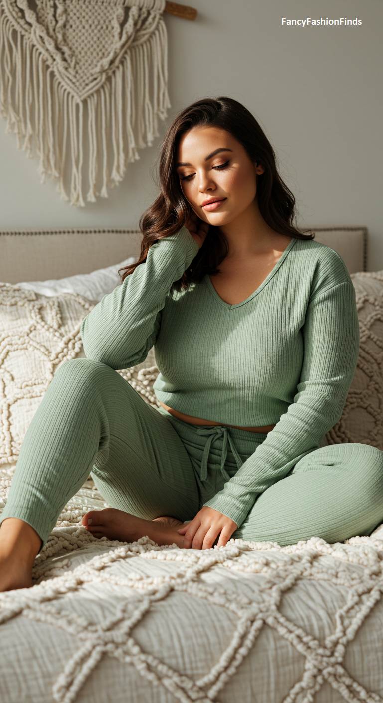 Woman on a bed in a sage green ribbed lounge set