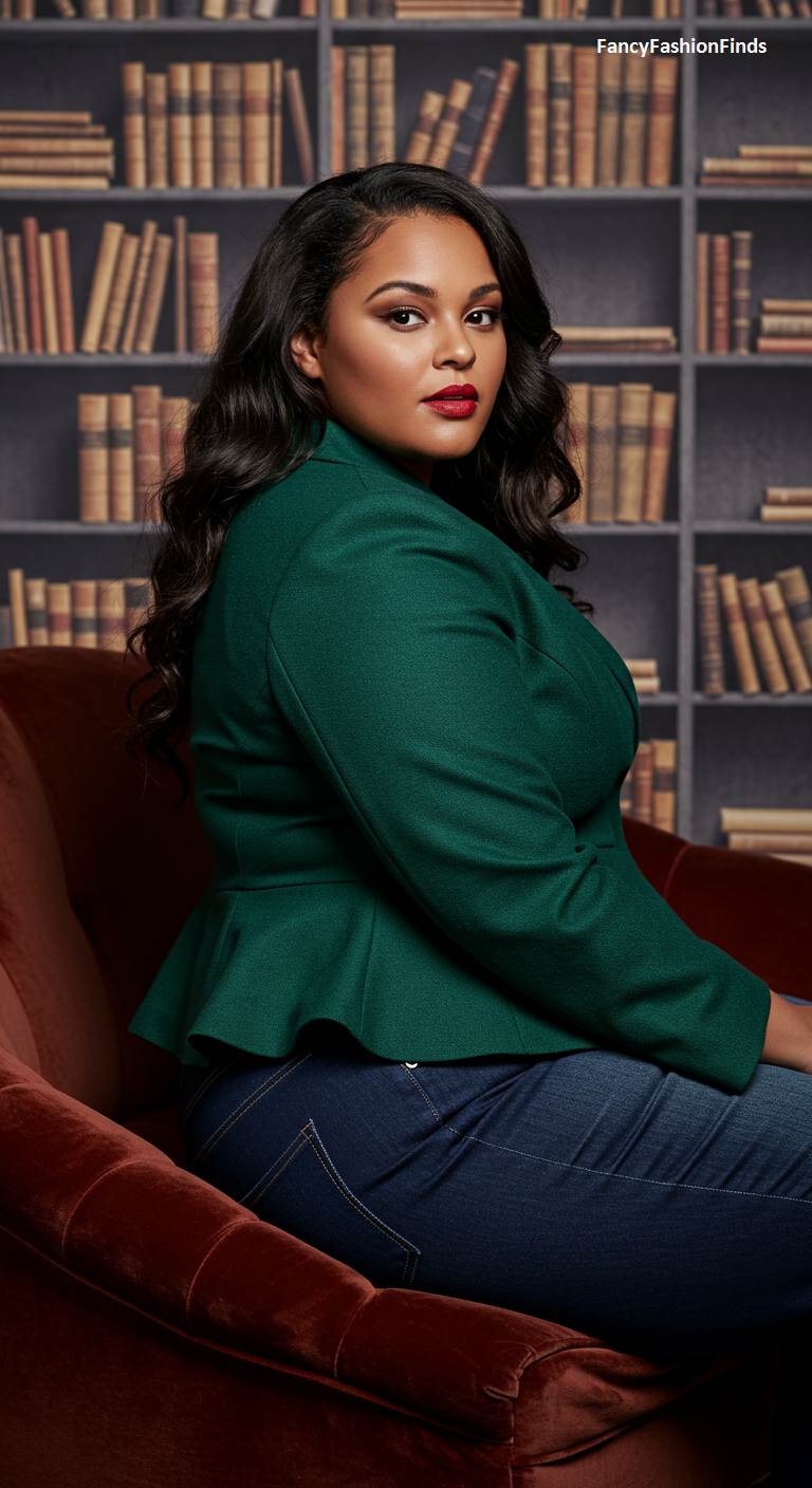 Woman in a dark green peplum blazer and jeans
