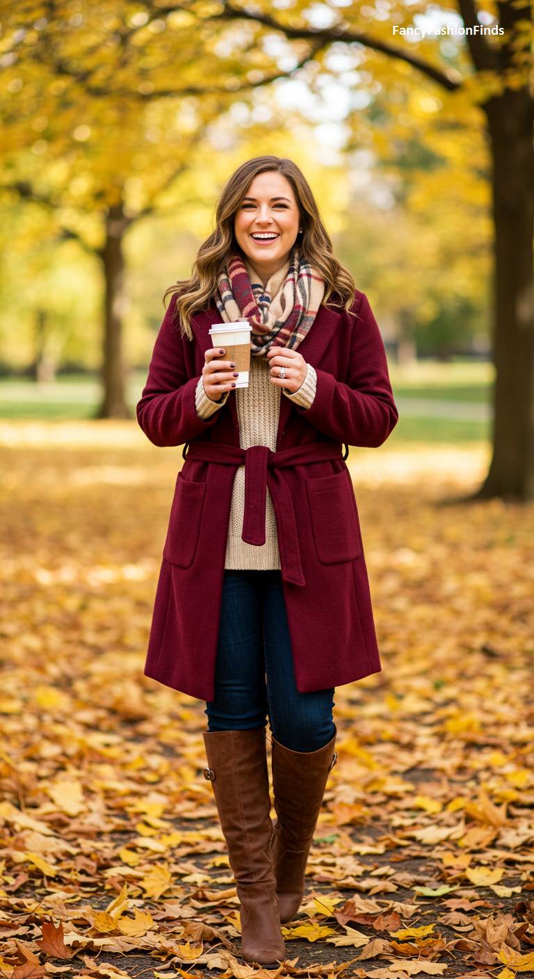 Woman in a park wearing a burgundy coat and a plaid scarf