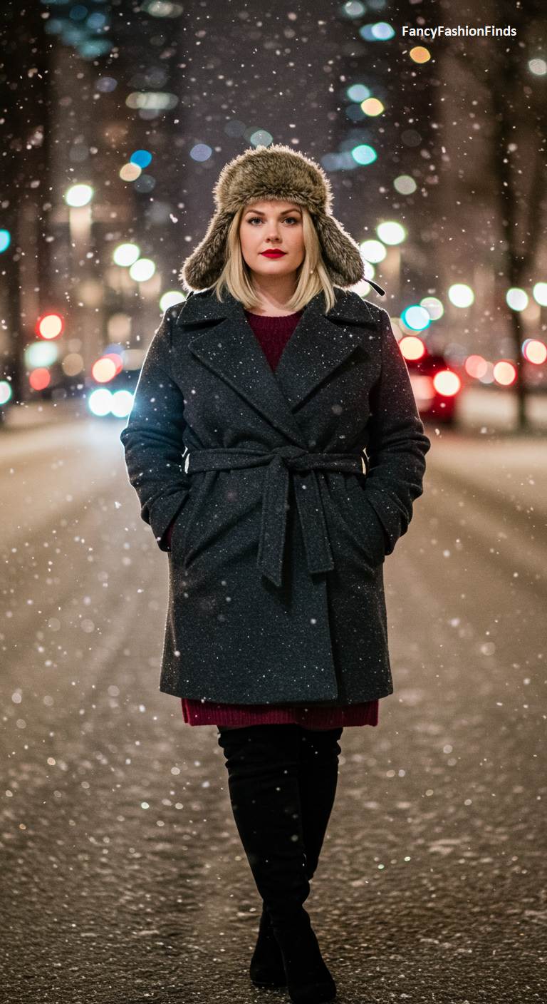 Woman in the snow at night wearing a dark coat and a fur hat