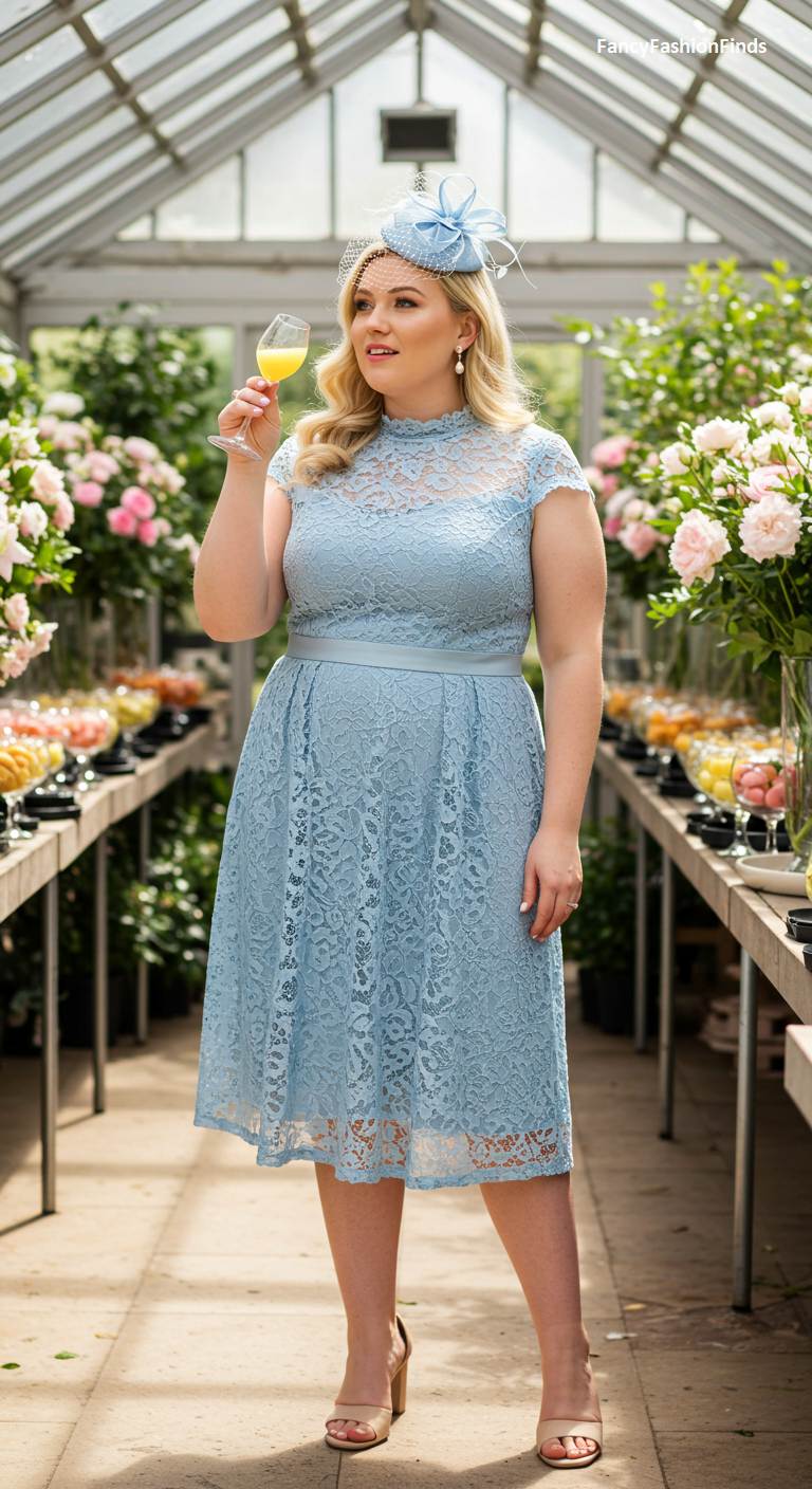Woman at a garden party in a blue lace dress and fascinator