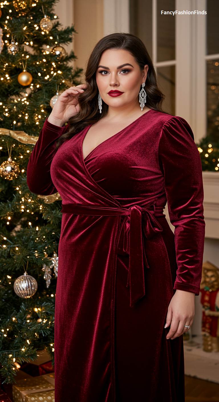 Woman in front of a Christmas tree in a red velvet wrap dress