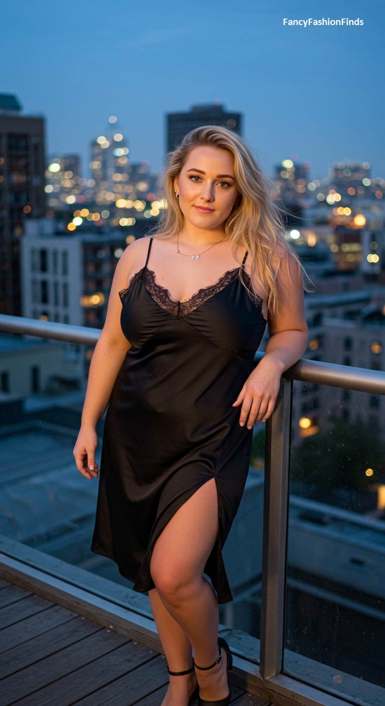Woman on a balcony at night in a black lace-trimmed slip dress