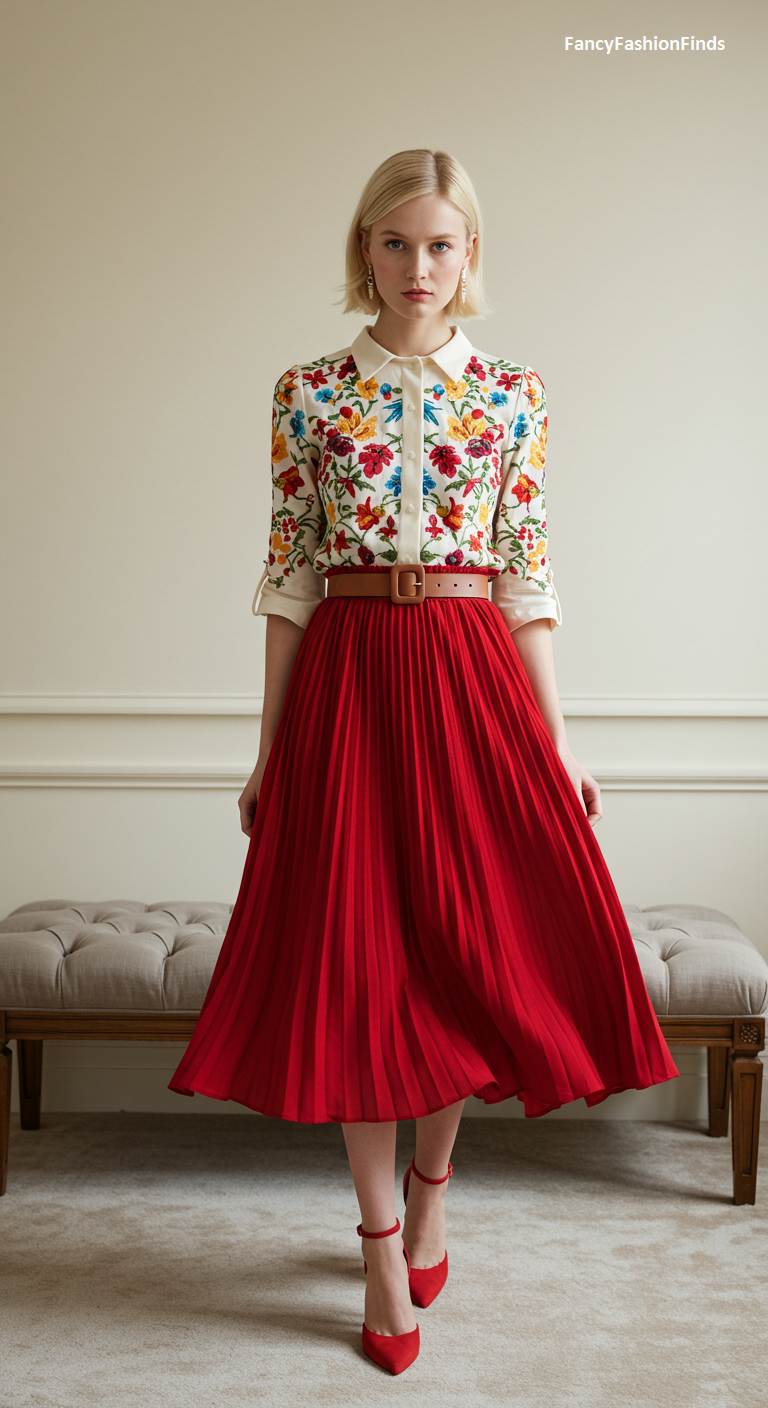 Woman in a floral shirt and a red pleated skirt