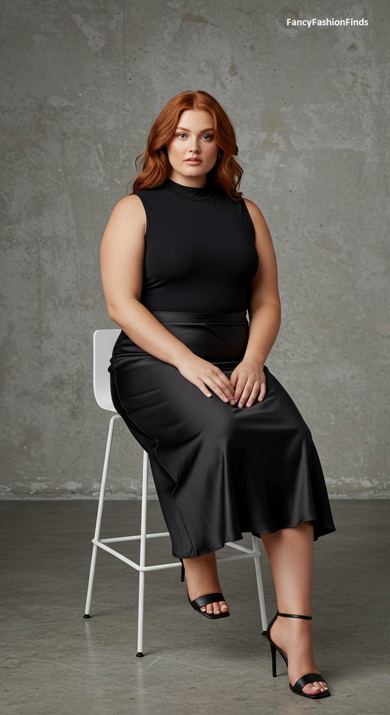 Woman wearing a black mock neck top and black satin skirt