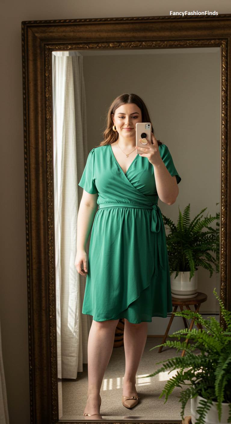Woman taking a mirror selfie in a green short-sleeve wrap dress