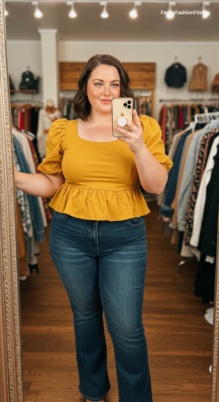 Woman in a yellow peplum top and bootcut jeans