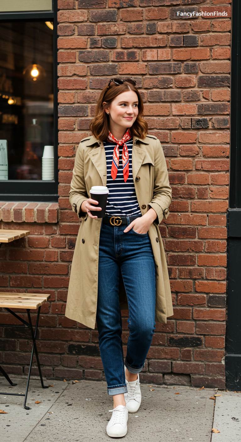 Woman in a trench coat, striped shirt, and jeans