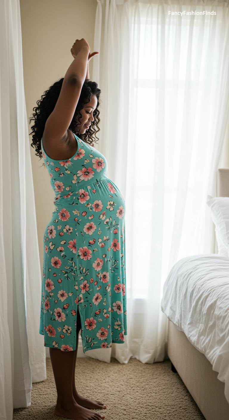 Pregnant woman in a floral maternity nightgown