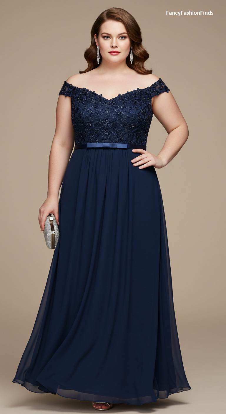 Woman in a navy blue off-the-shoulder formal gown