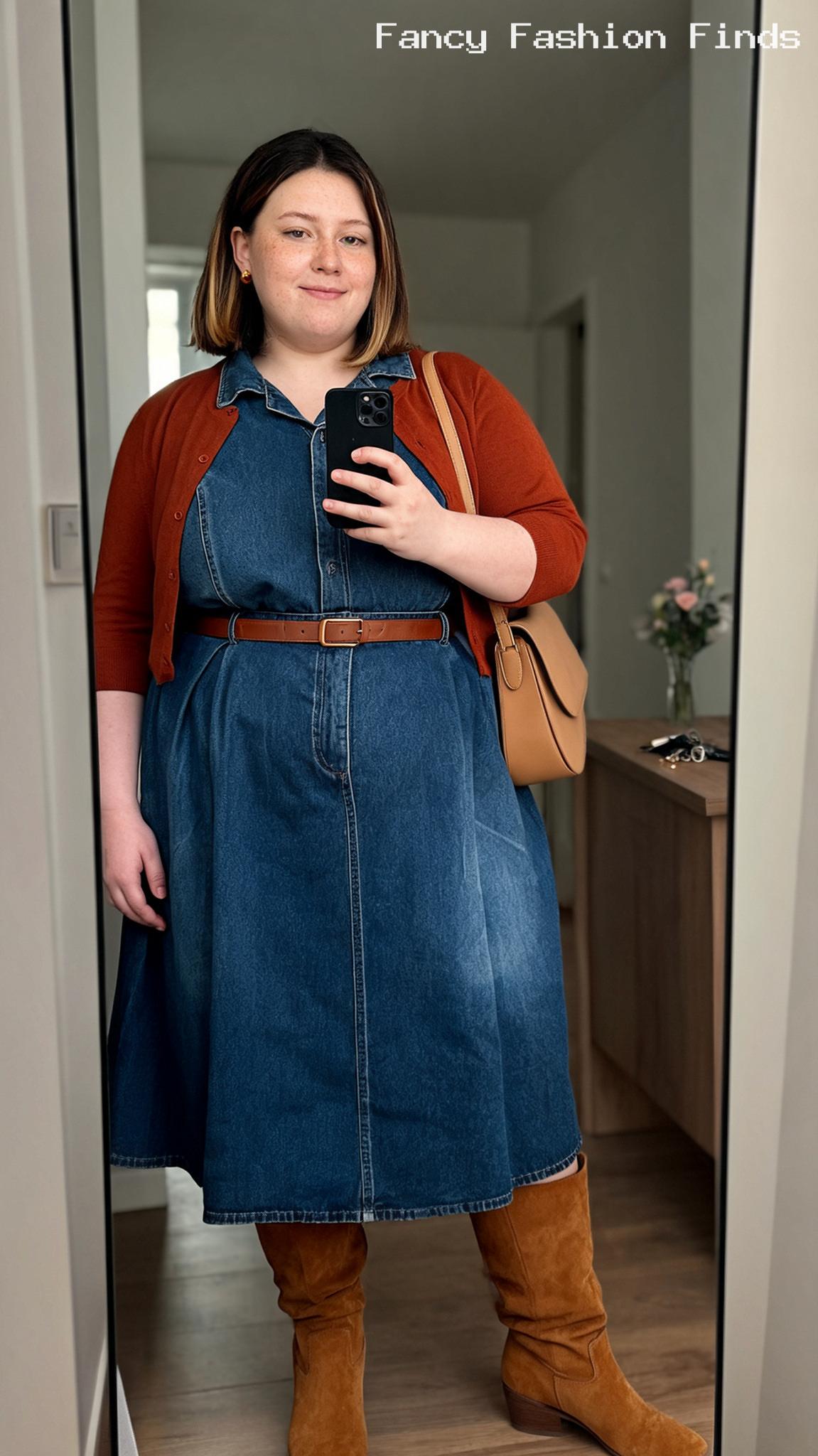 Denim Dress and Boots - 10 Comfortable Plus Size Outfits That Still Look Effortlessly Chic