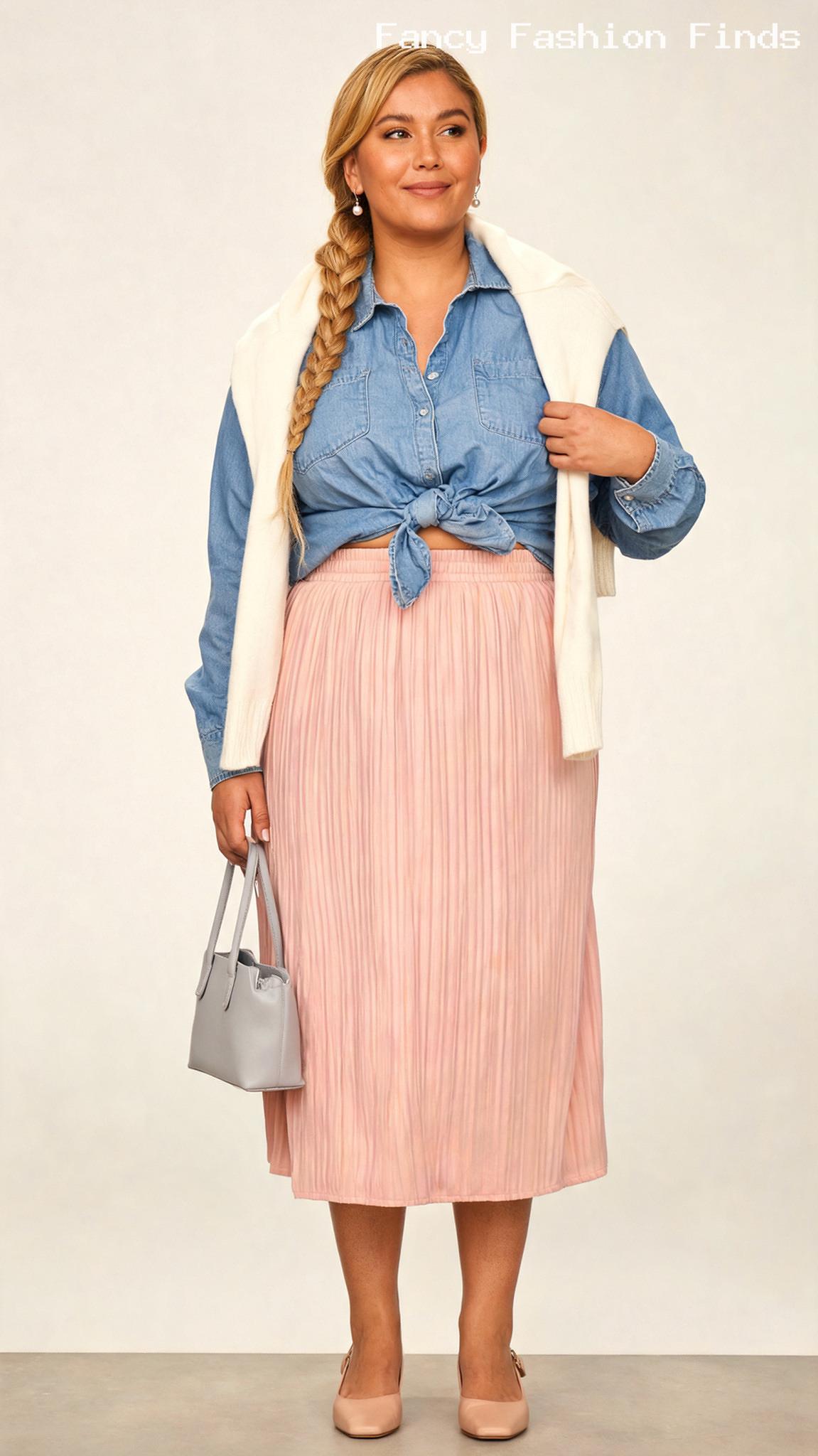 Pleated Skirt and Chambray - 20 Casual Plus Size Outfit Ideas for Your Next Stylish Brunch