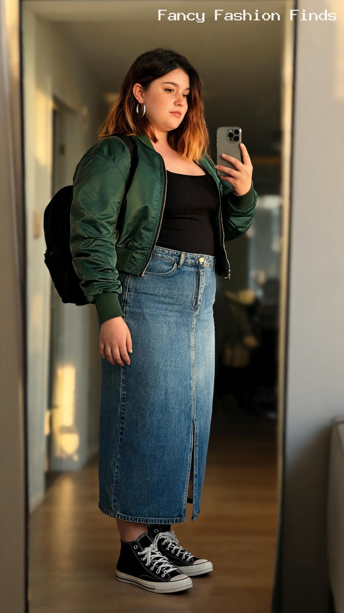Denim Skirt and Bomber - 20 Casual Plus Size Outfit Ideas for Your Next Stylish Brunch