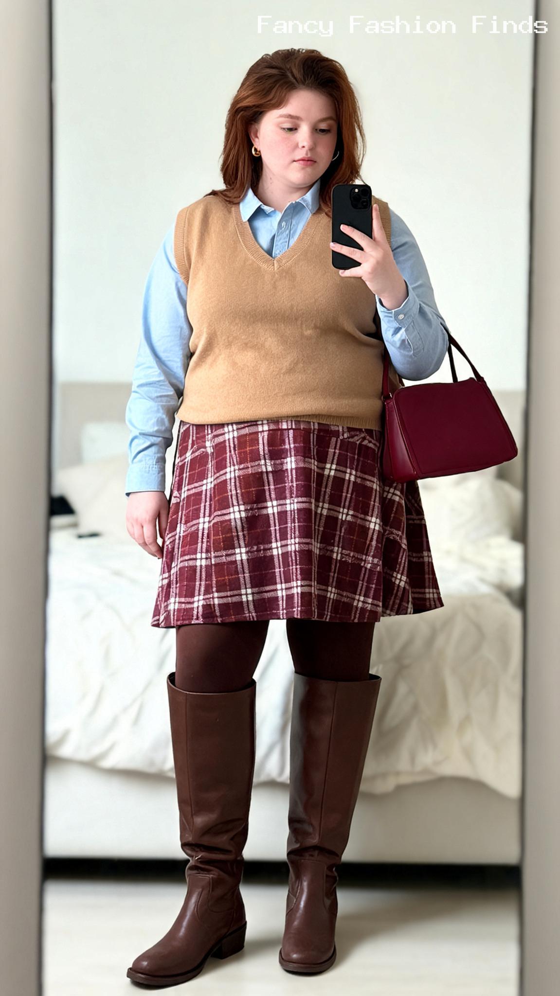 Sweater Vest and Plaid Skirt - 20 Cute and Comfy Shopping Outfit Ideas for Plus Size Women