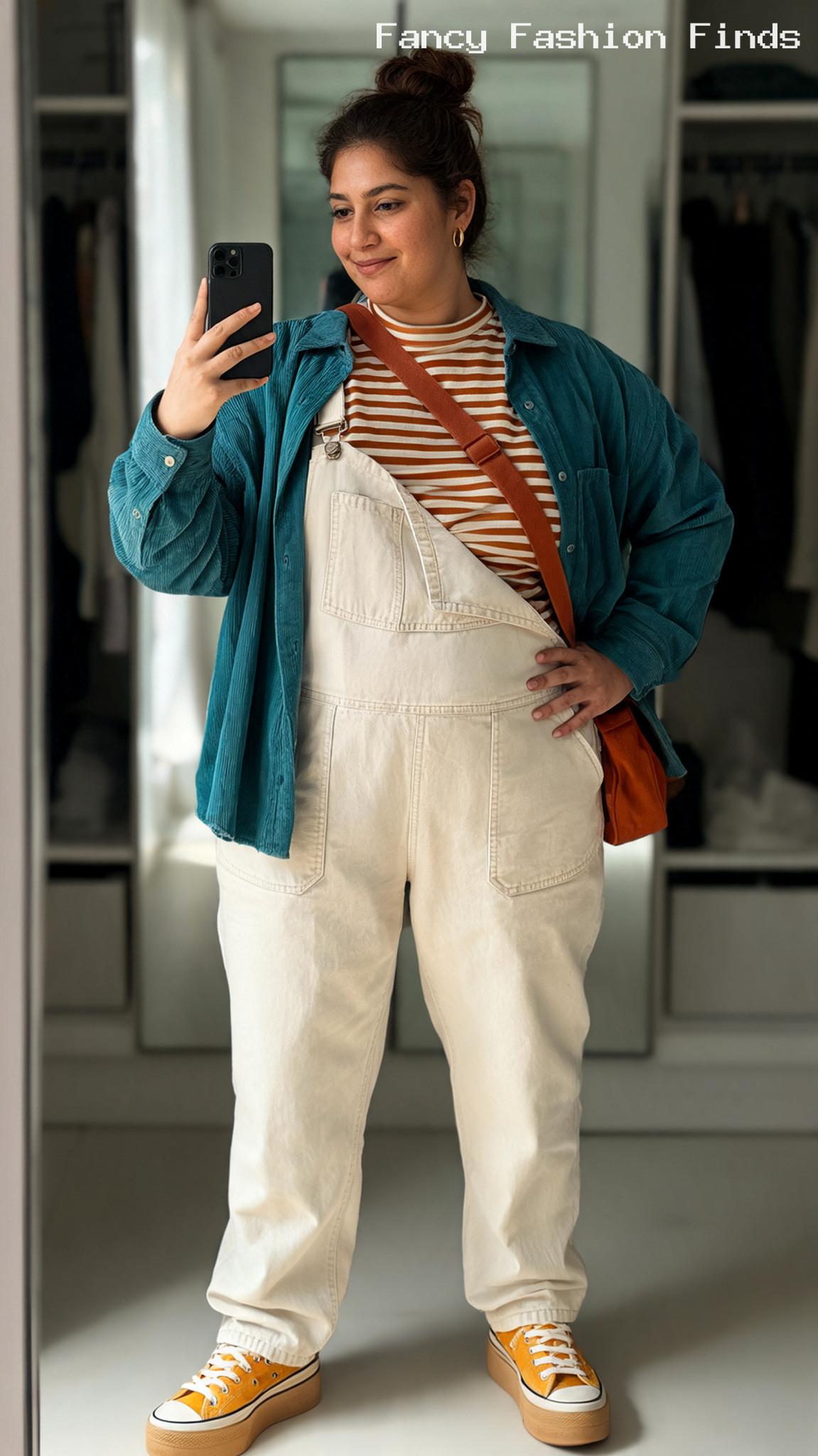 Overalls and Corduroy Shacket - 20 Cute and Comfy Shopping Outfit Ideas for Plus Size Women