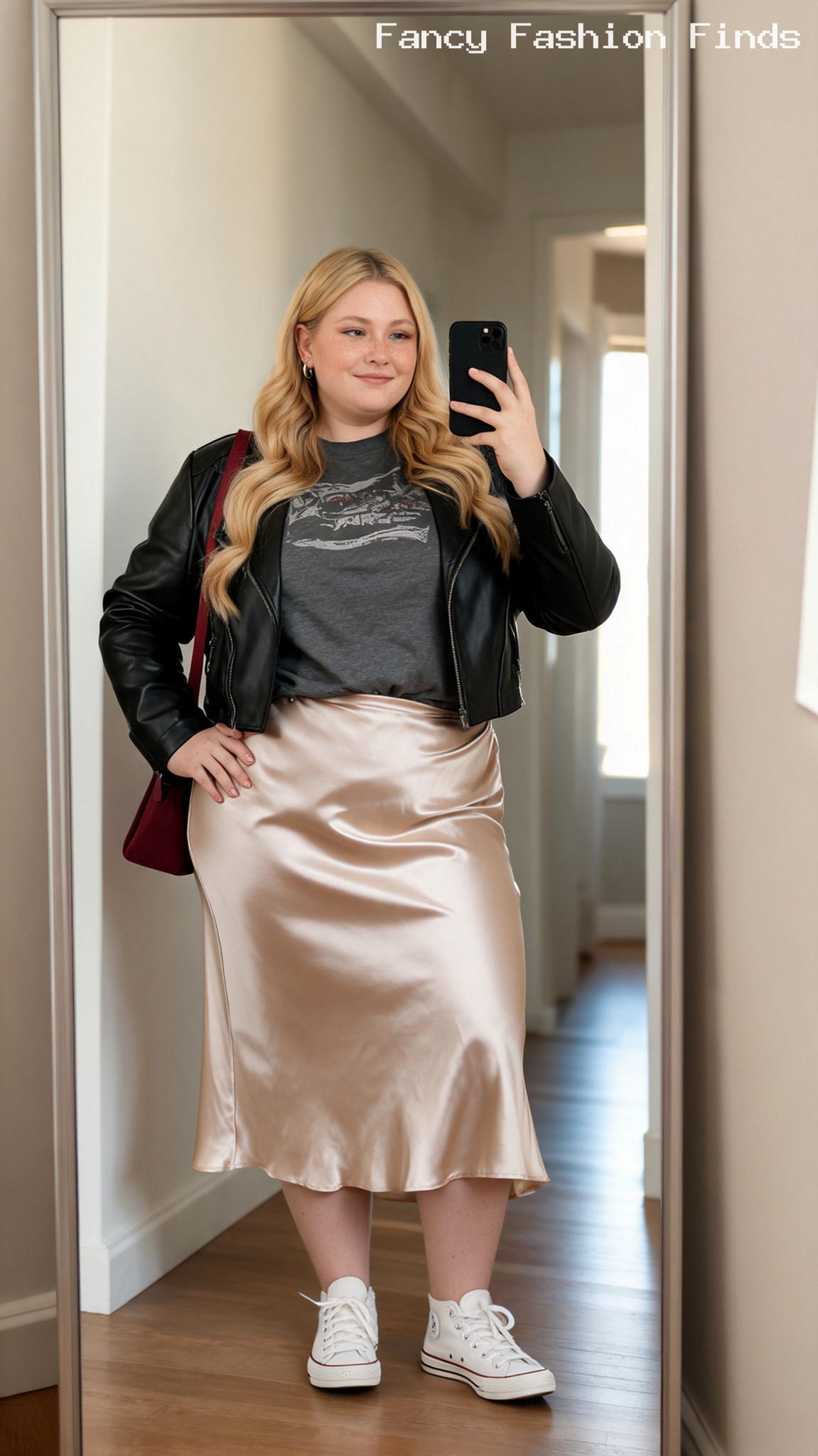 Satin Skirt and Graphic Tee - 20 Cute Casual Outfit Ideas for Plus Size Women This Season