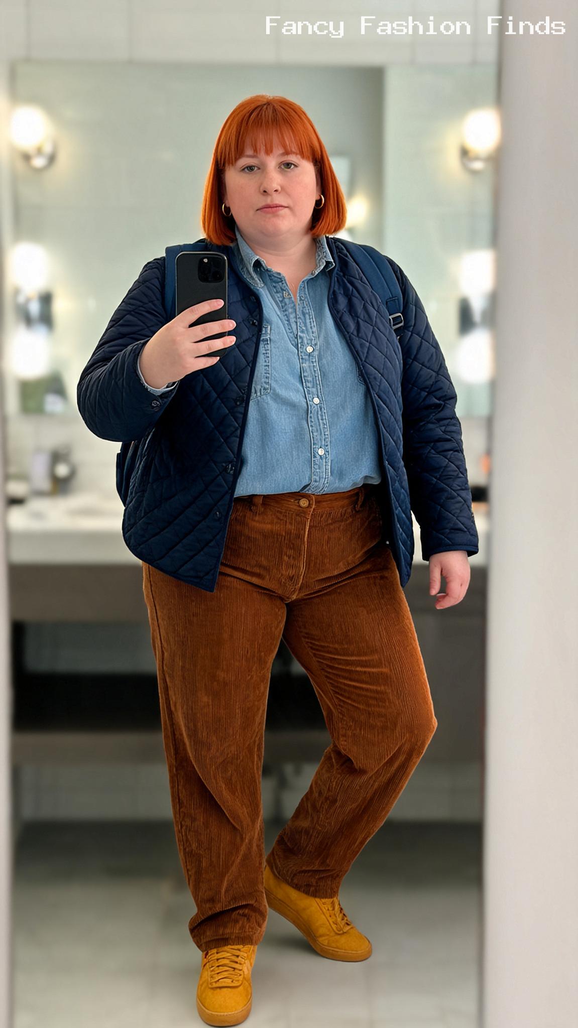Corduroys and Quilted Jacket - 20 Cute Casual Outfit Ideas for Plus Size Women This Season
