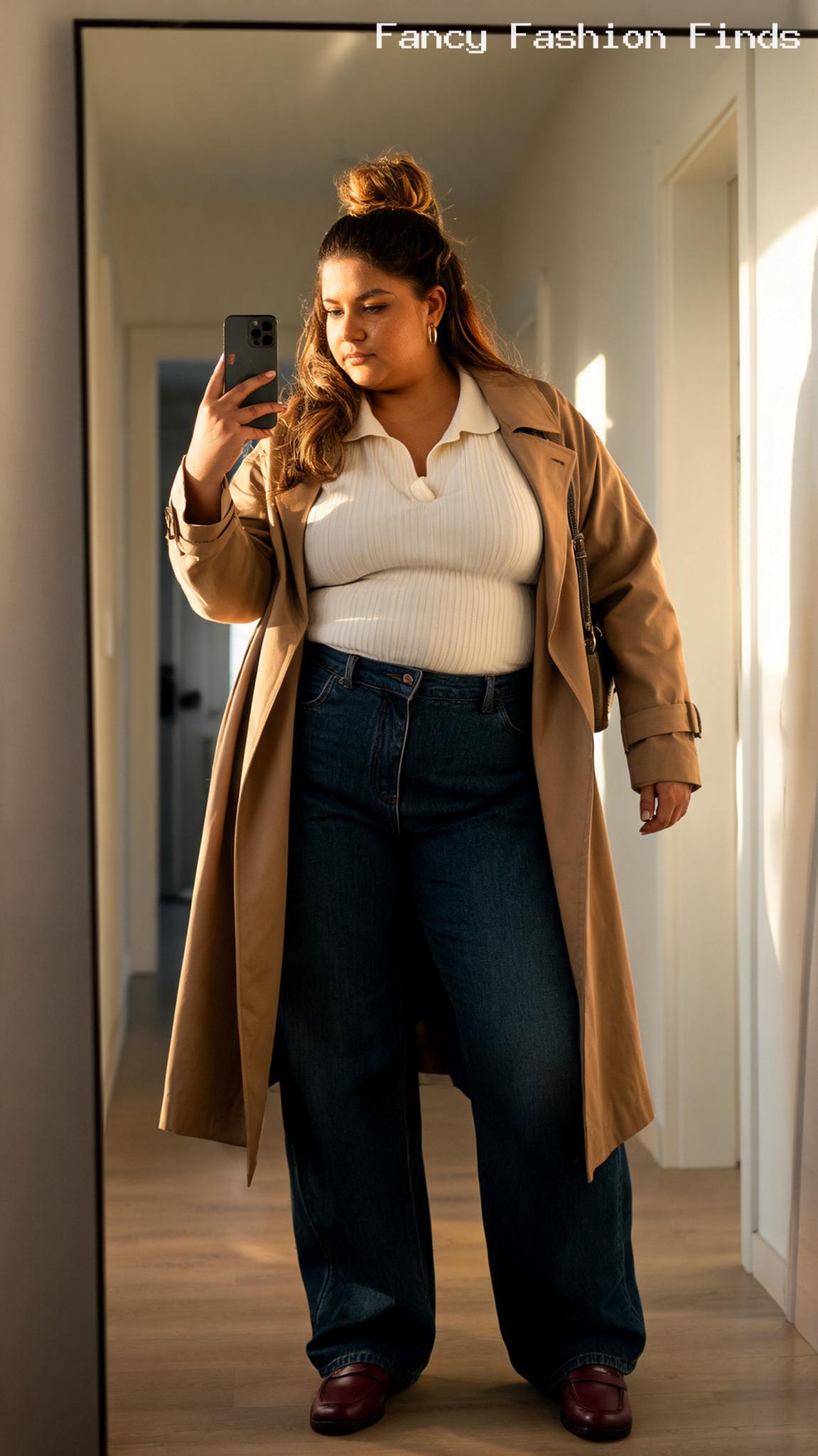 Trench and Wide-Leg Jeans - 20 Seriously Cute Coffee Date Outfits for Plus Size Women