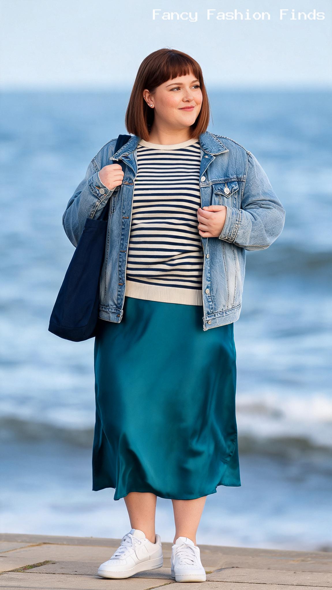 Breton Sweater and Satin Skirt - 20 Seriously Cute Coffee Date Outfits for Plus Size Women