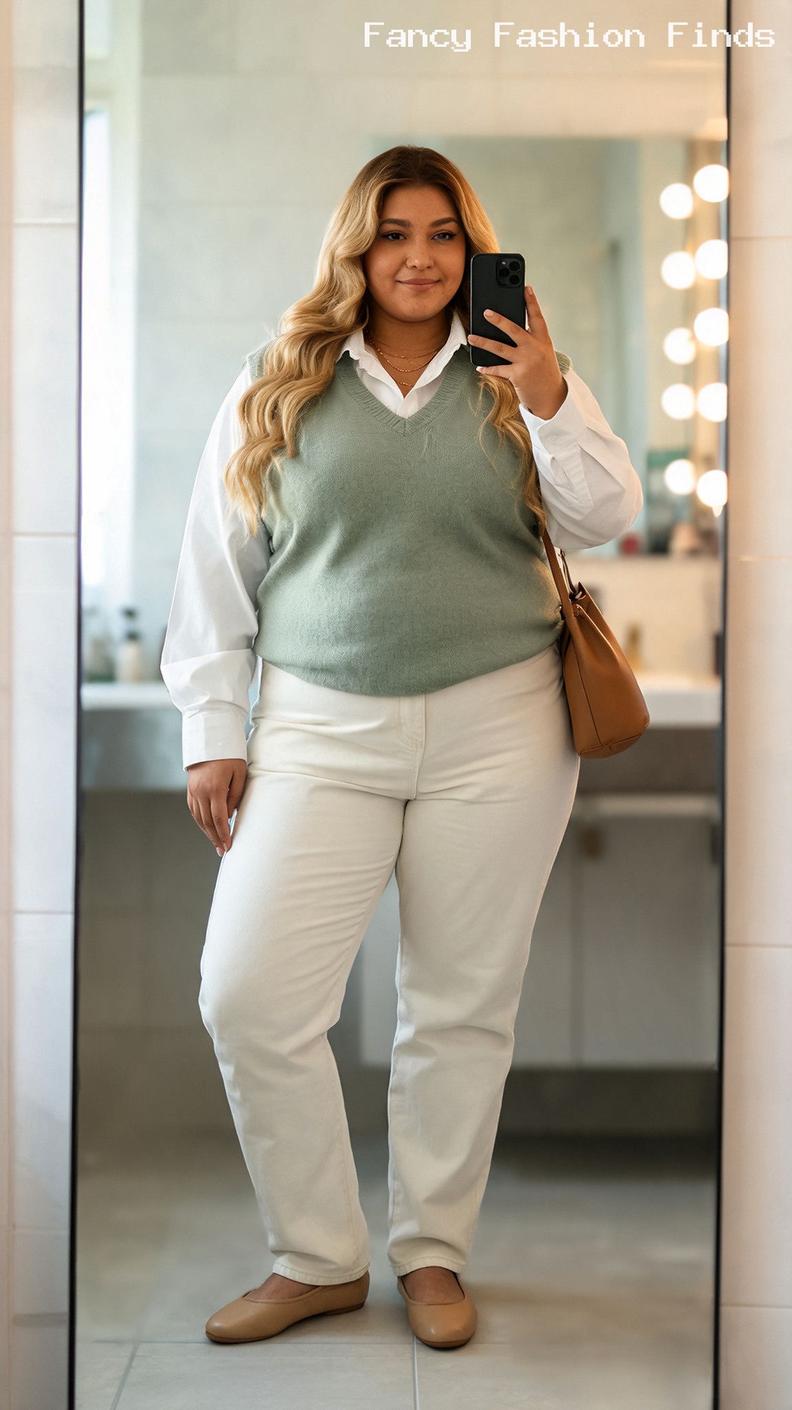 Poplin Shirt and Sweater Vest - 20 Seriously Cute Coffee Date Outfits for Plus Size Women