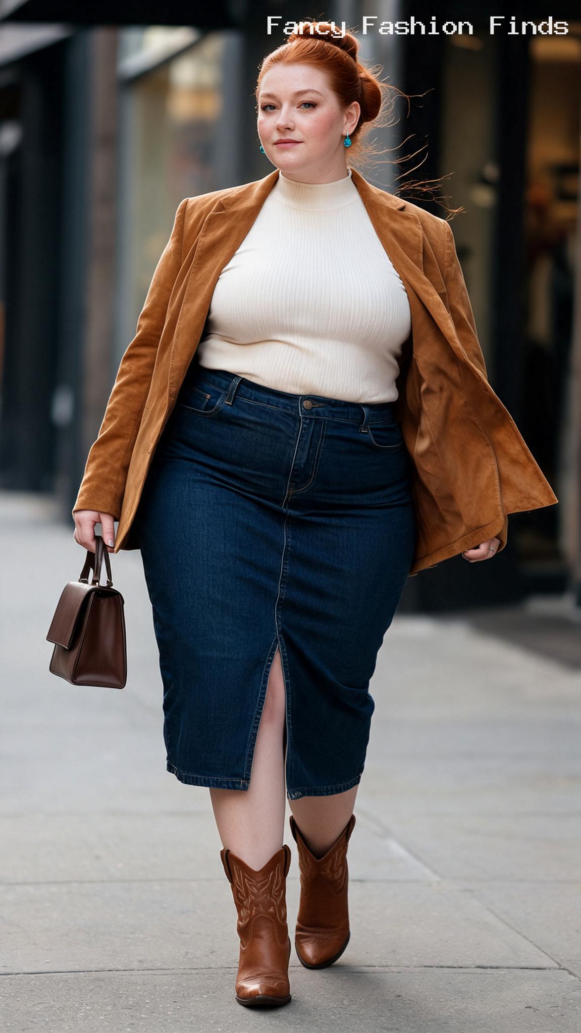 Denim Midi and Suede Blazer - 20 Seriously Cute Coffee Date Outfits for Plus Size Women