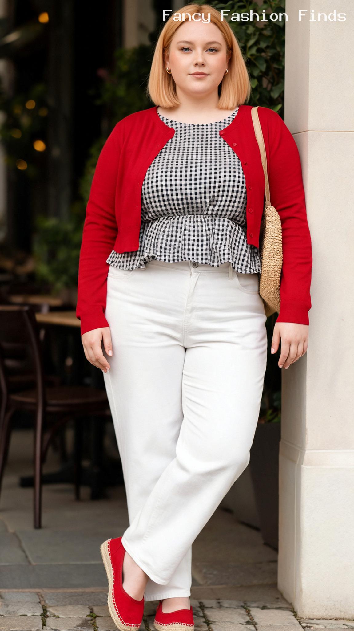 Gingham Peplum and Barrel Jeans - 20 Seriously Cute Coffee Date Outfits for Plus Size Women
