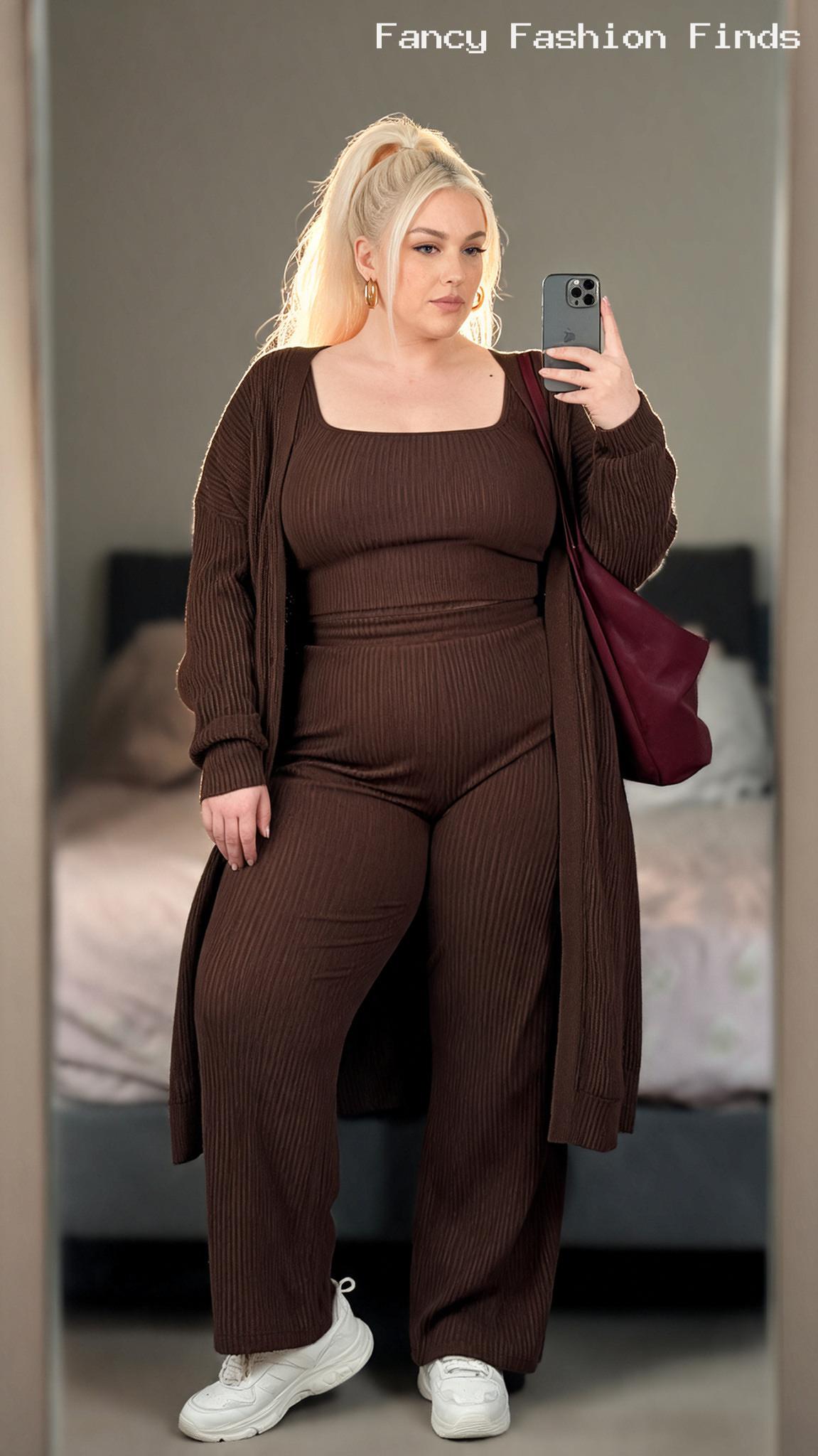 Chocolate Ribbed Knit Set - 20 Stylish Plus Size Airport Outfits for Effortless Travel